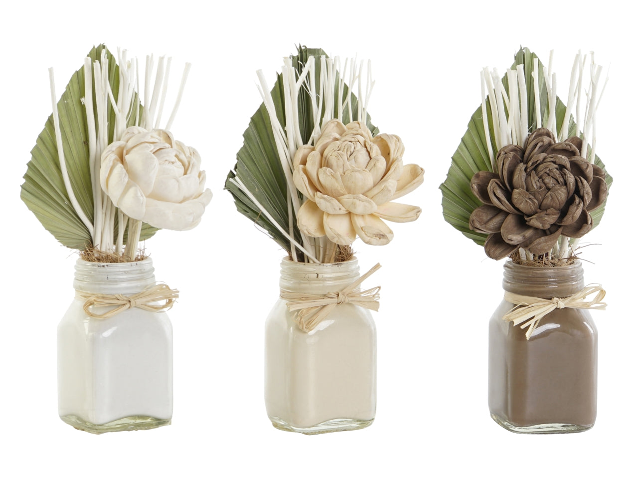 Set pianta con 3 fiori secchi in ceramica misura 21x8x2cm colore bianco