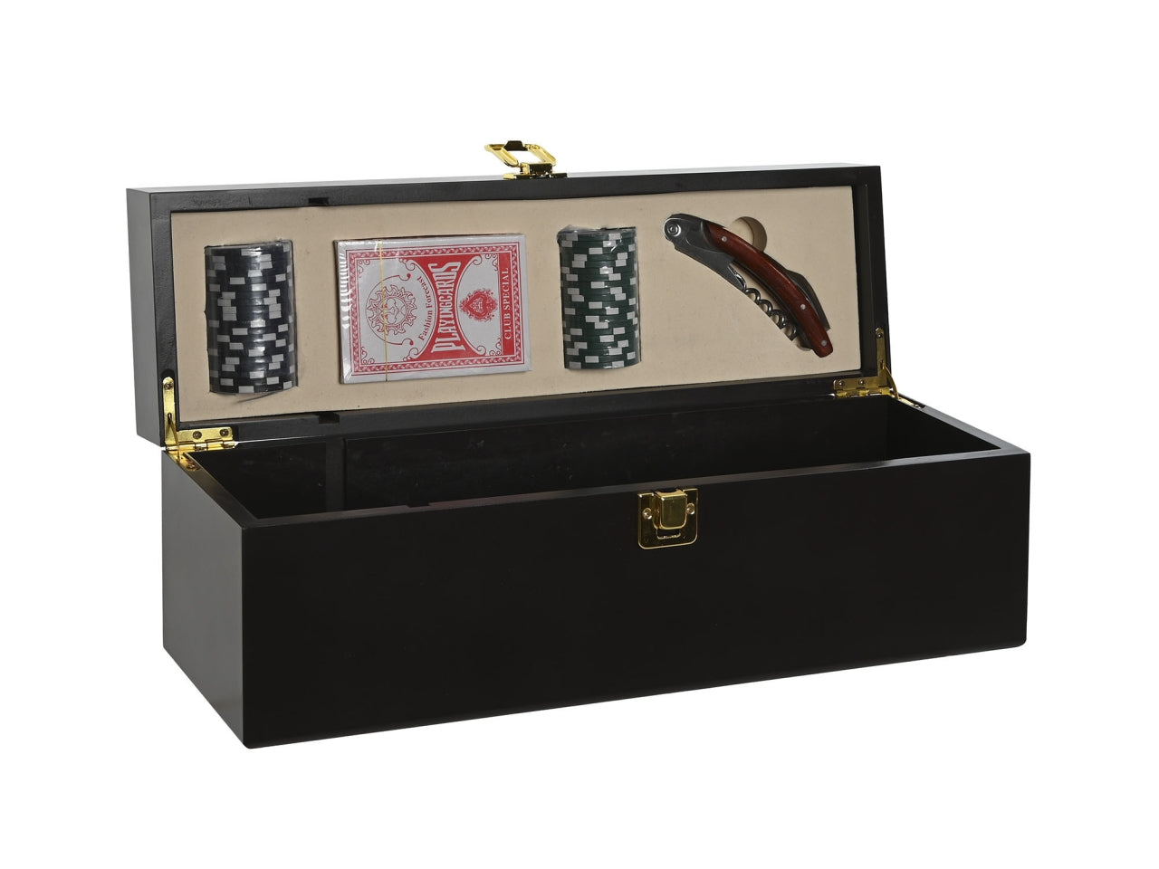 Scatola set vino in mdf misura 36x11x14cm con set da poker colore marrone opaco
