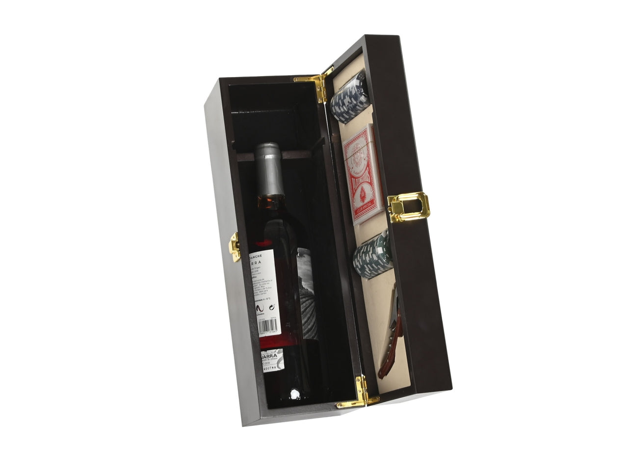 Scatola set vino in mdf misura 36x11x14cm con set da poker colore marrone opaco