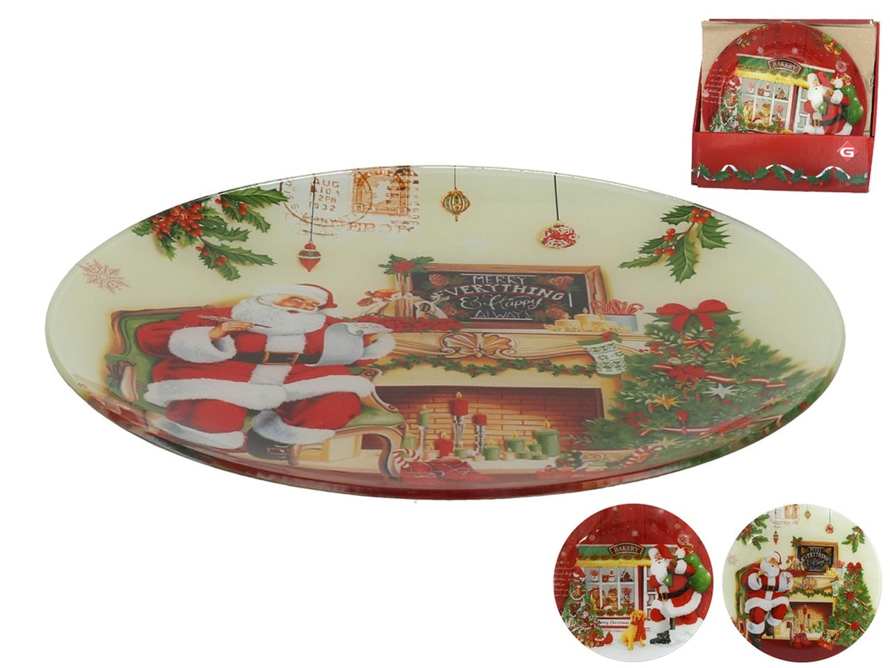 Piatto tondo in vetro con soggetti natalizi 30cm-disponibile in  2 assortimenti
