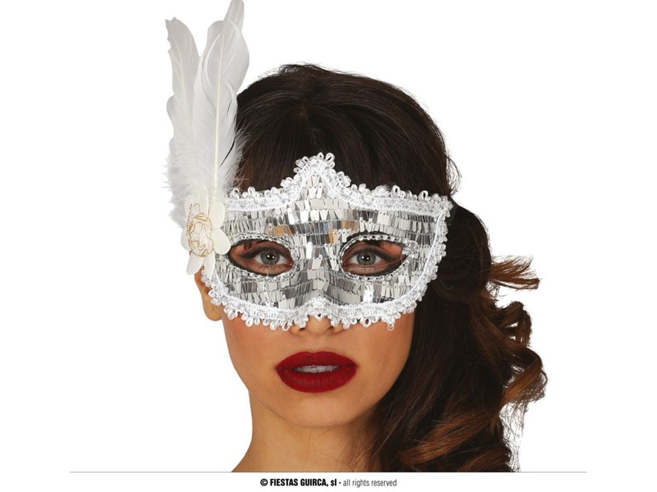 Maschera colore argento con piuma