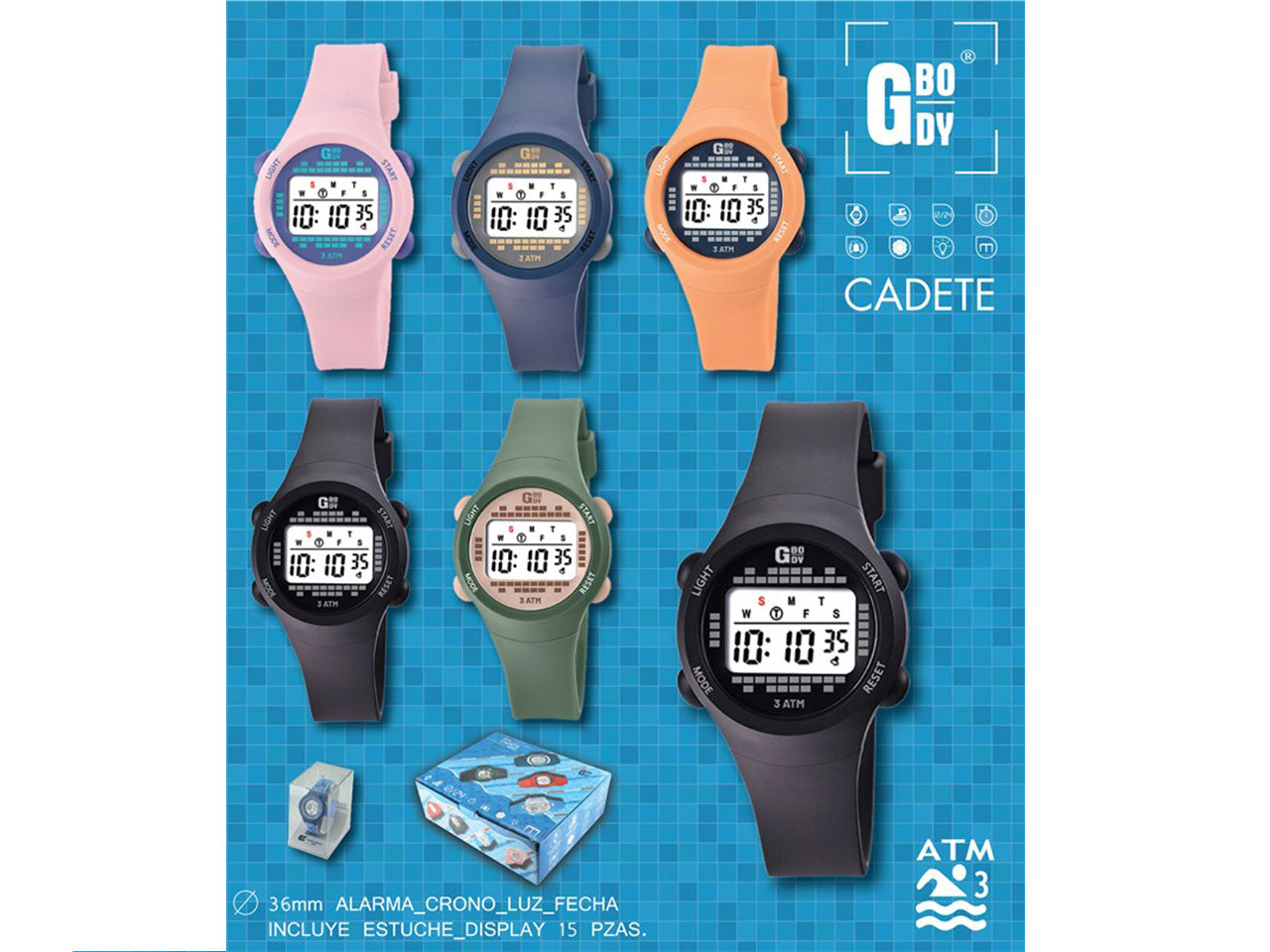 Orologio gbody lcd misura d.36mm 3 atm allarme cronometro e luce disponibile in vari colori