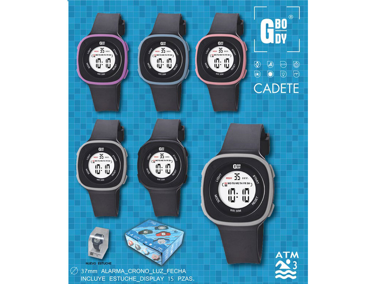 Orologio gbody lcd quadrante curvo misura d.37mm 3 atm allarme cronometro e luce disponibile in vari colori