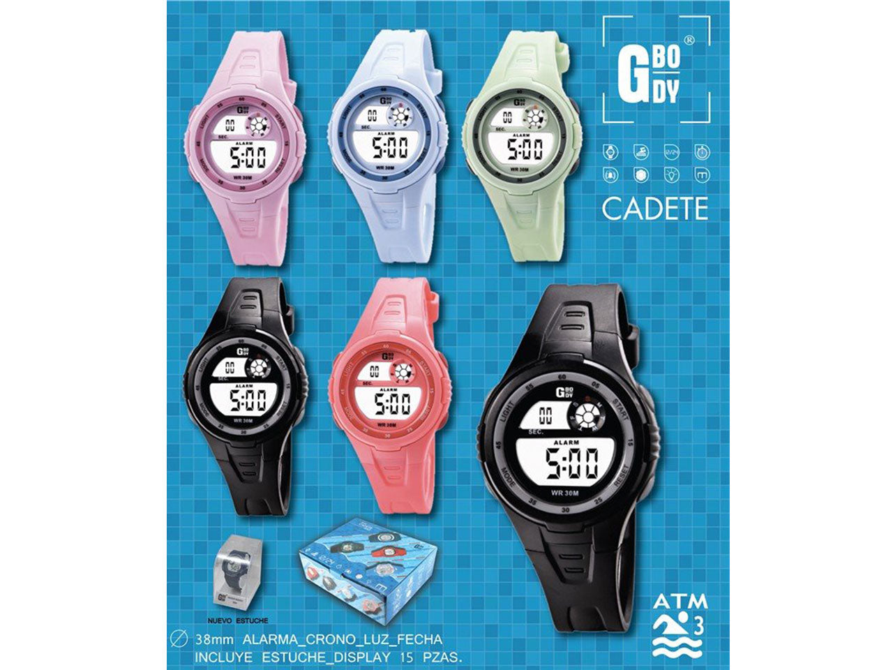 Orologio gbody lcd misura d.38mm 3 atm allarme cronometro e luce disponibile in vari colori