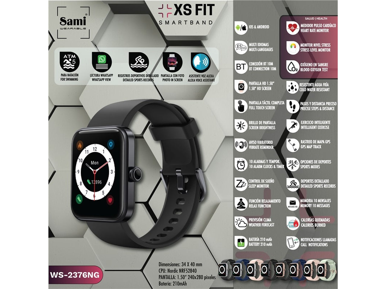 Orologio sami smart band 5 atm xs fit misura 34x40mm 1,50 240x280 pixel colore nero $