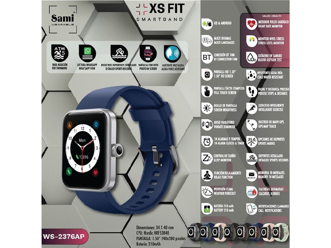 Orologio sami smart band 5 atm xs fit misura 34x40mm 1,50 240x280 pixel colore blu $