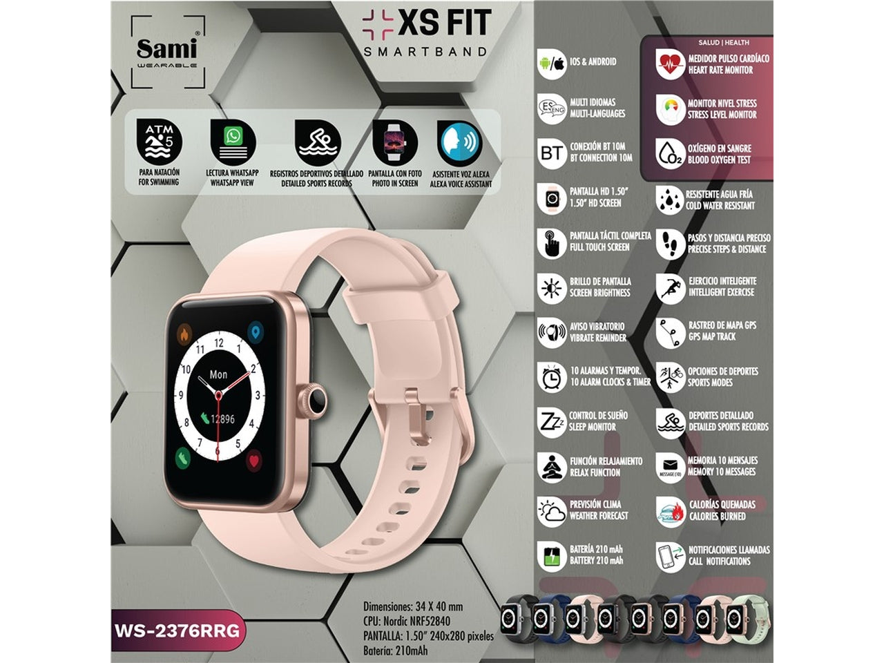 Orologio sami smart band 5 atm xs fit misura 34x40mm 1,50 240x280 pixel colore  rosa $
