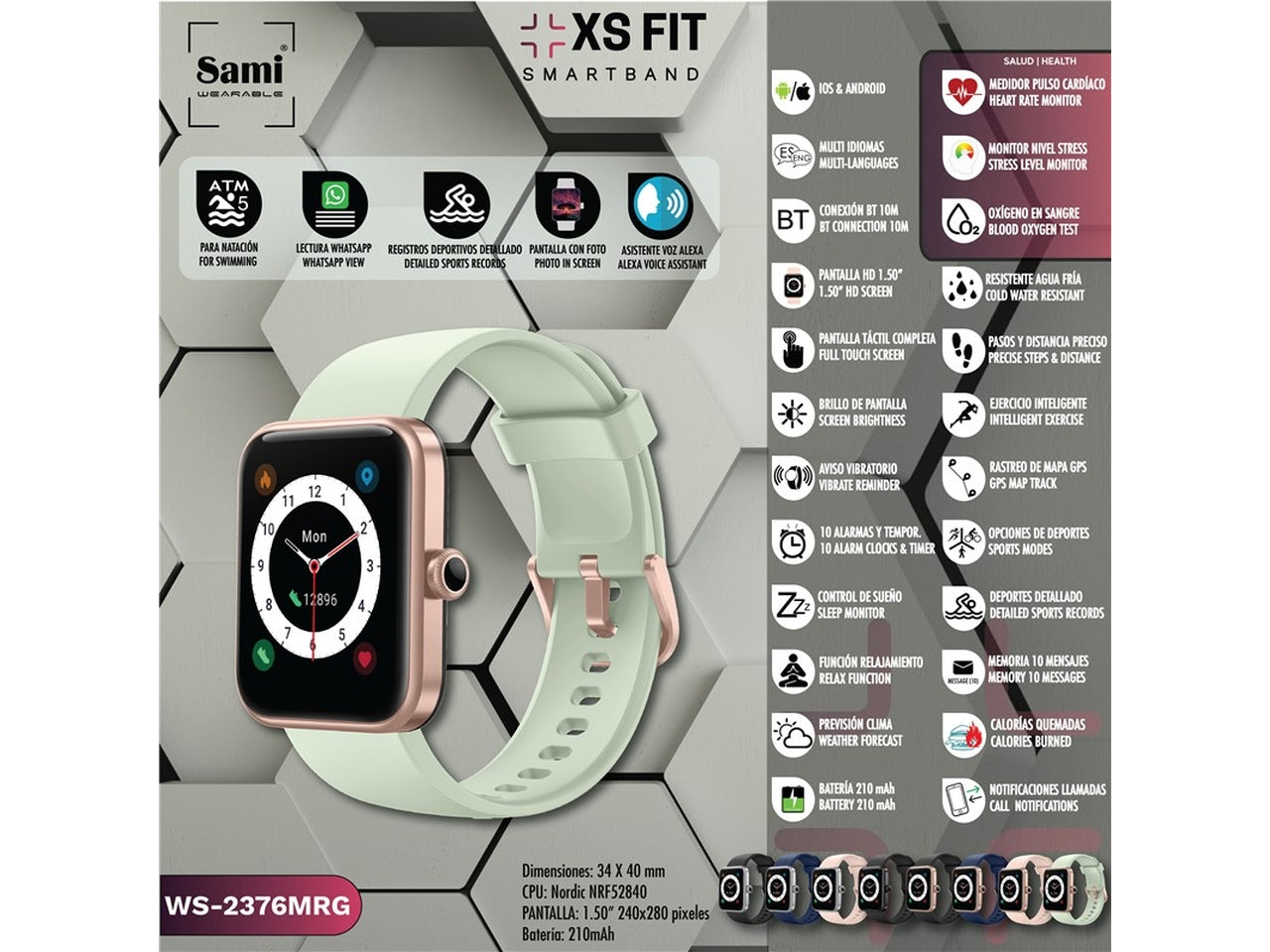 Orologio sami smart band 5 atm xs fit misura 34x40mm 1,50 240x280 pixel colore menta $