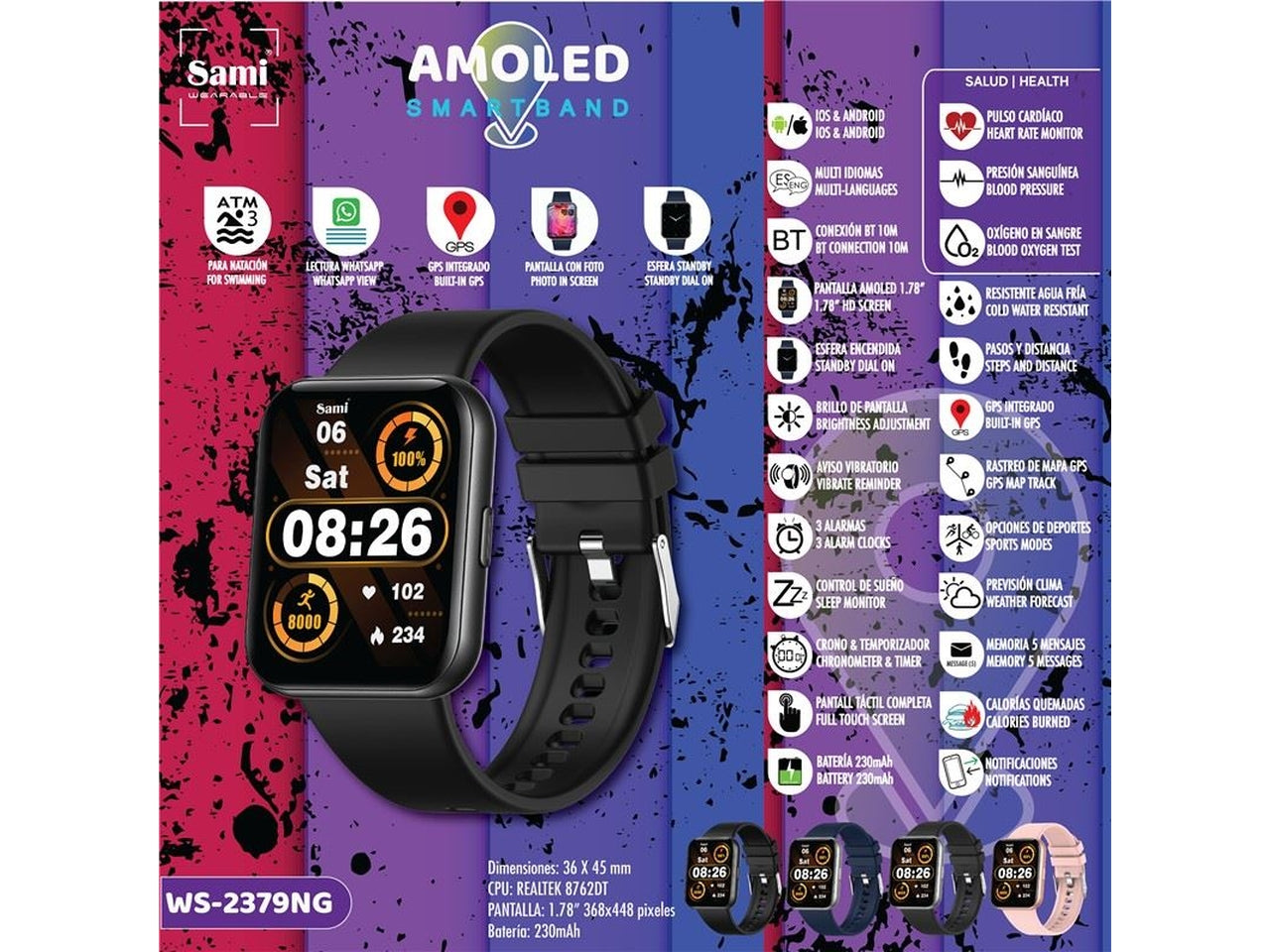 Orologio sami smartband 3 atm gps misura 36x45mm 1,78 368x448 pixel colore nero $