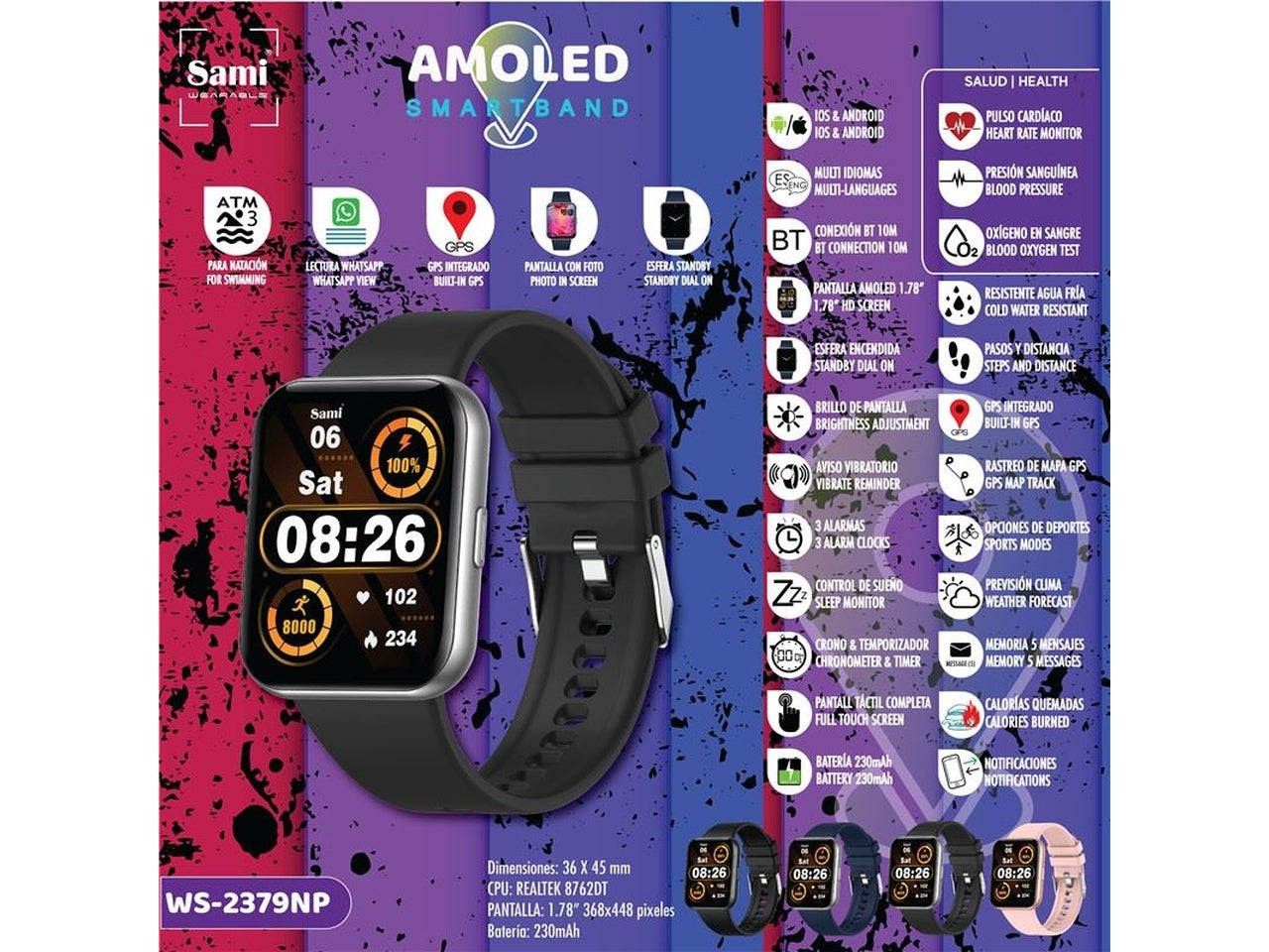 Orologio sami smartband 3 atm gps misura 36x45mm 1,78 368x448 pixel colore nero $