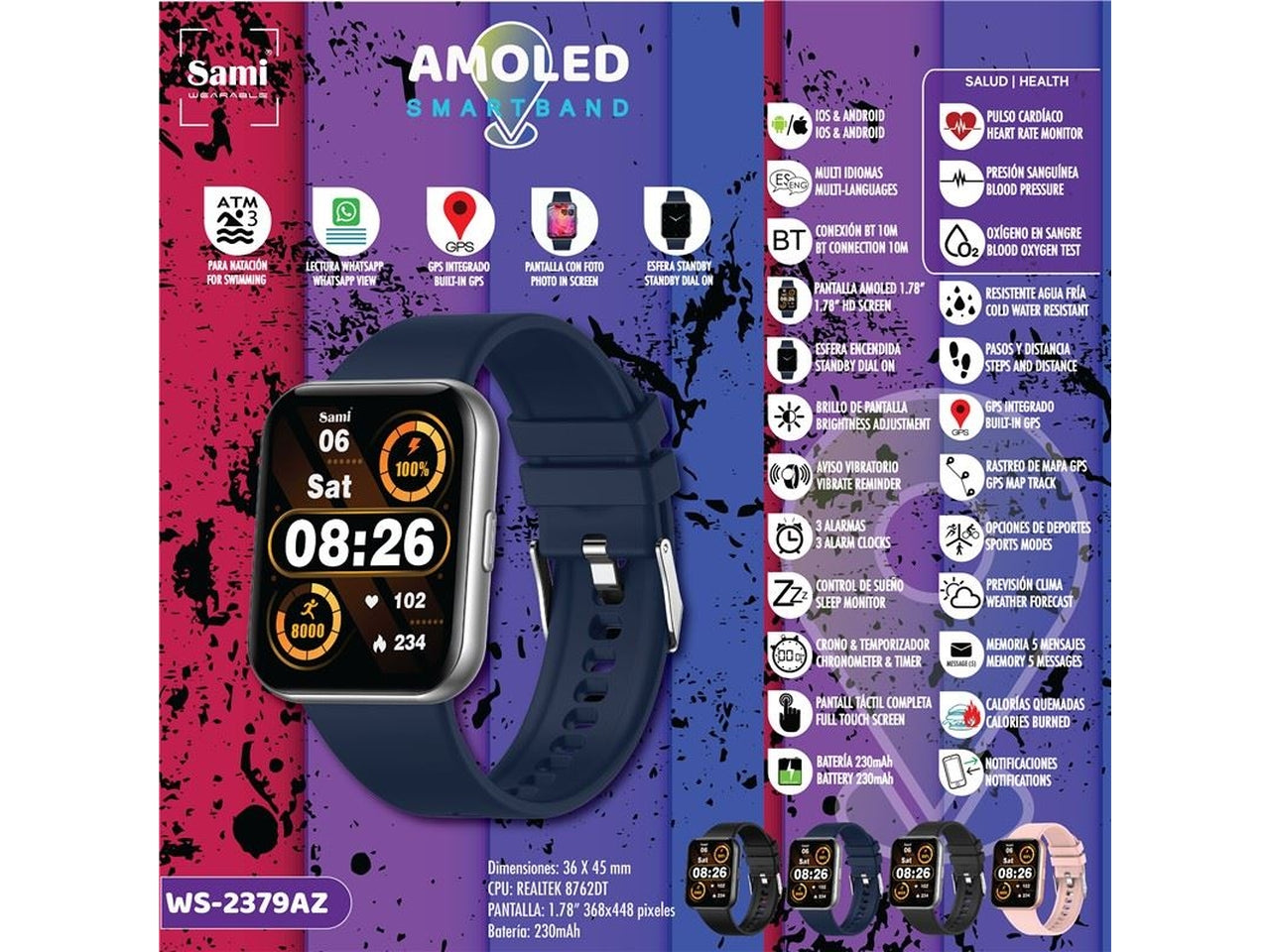 Orologio sami smartband 3 atm gps misura 36x45mm 1,78 368x448 pixel colore blu $