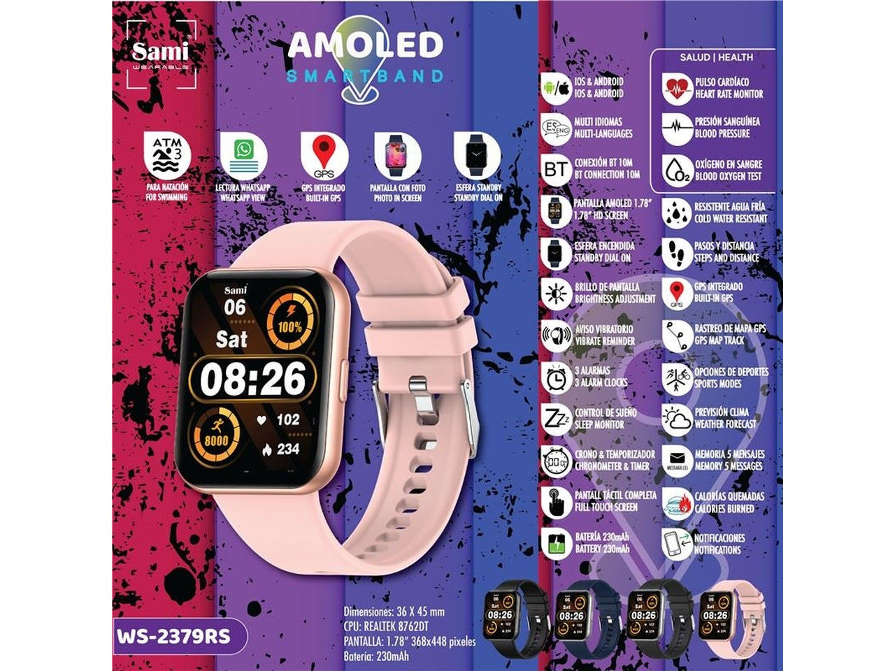 Orologio sami smartband 3 atm gps misura 36x45mm 1,78 368x448 pixel colore rosa $