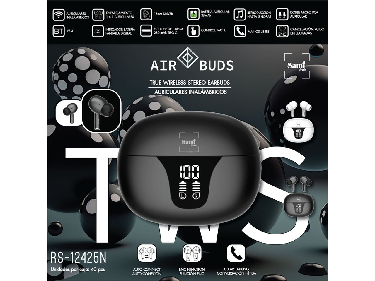 Auricolari sami air buds wireless in silicone con caricatore colore nero $
