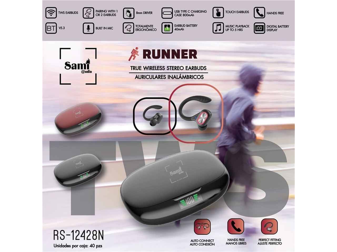 Auricolari sami runner wireless in silicone con archetto e display lcd colore nero $