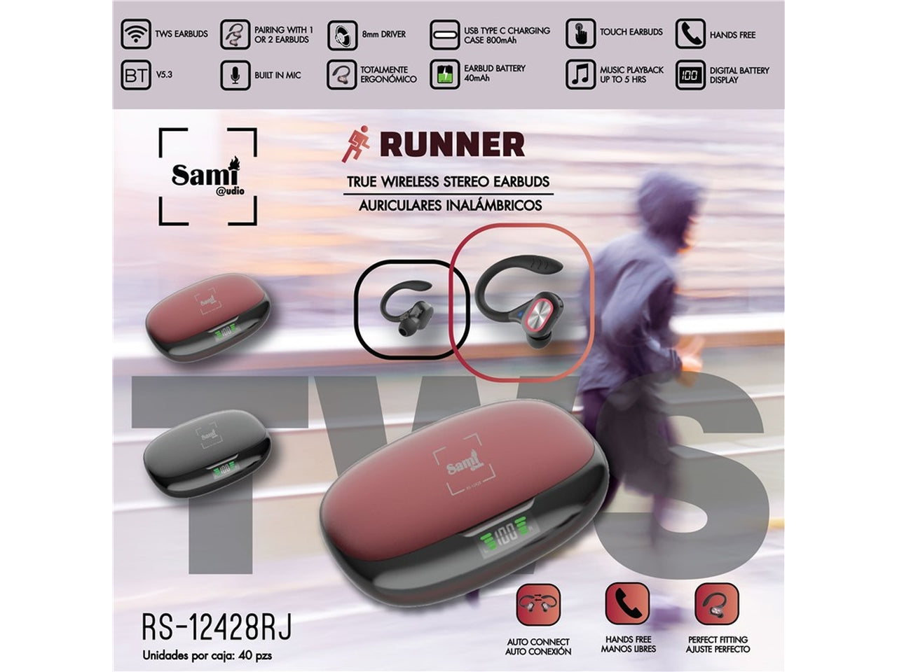 Auricolari sami runner wireless in silicone con archetto e display lcd colore rosso $