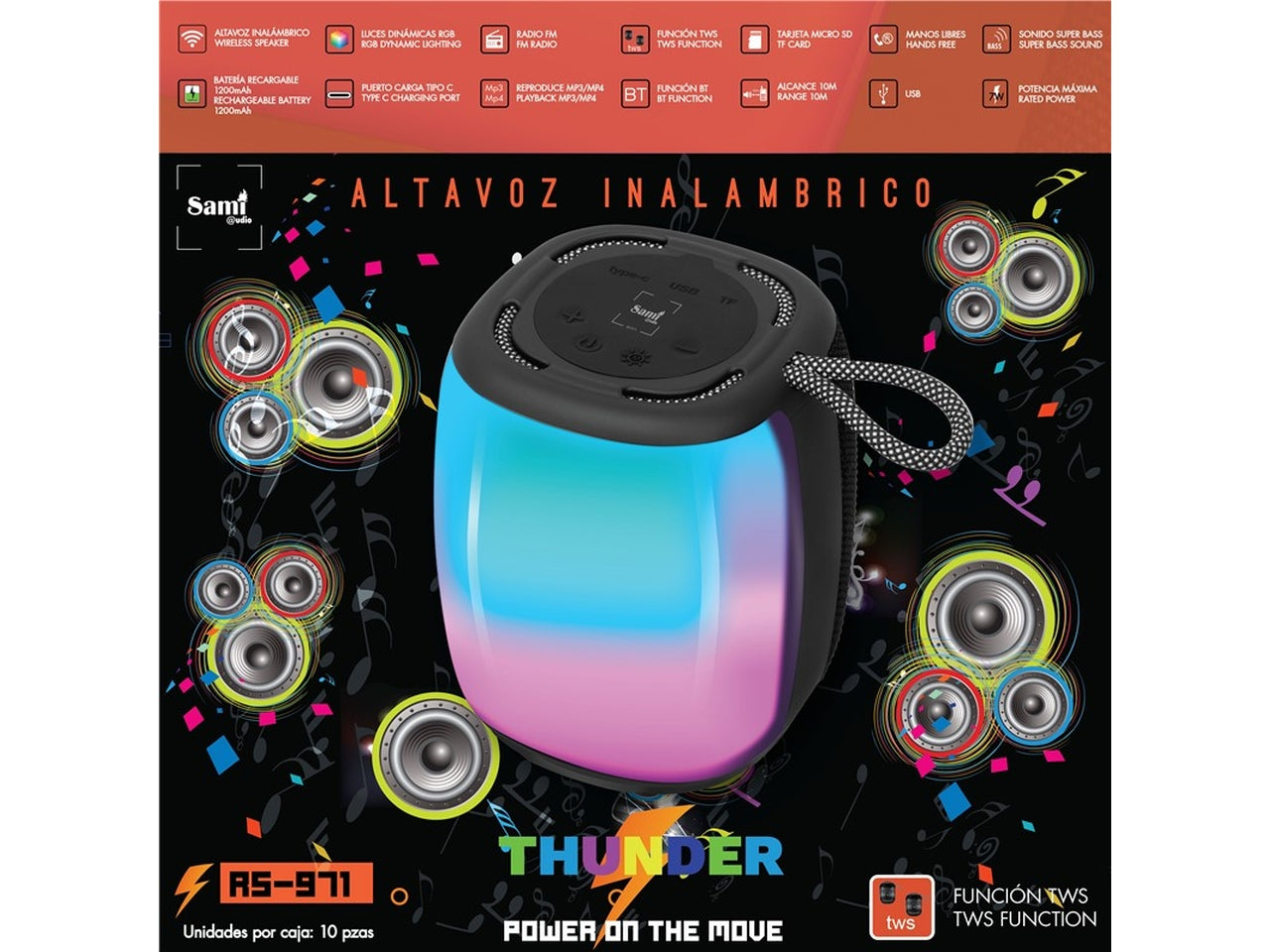 Altavoz sami thunder multimedia wireless con luce rgb dinamica $