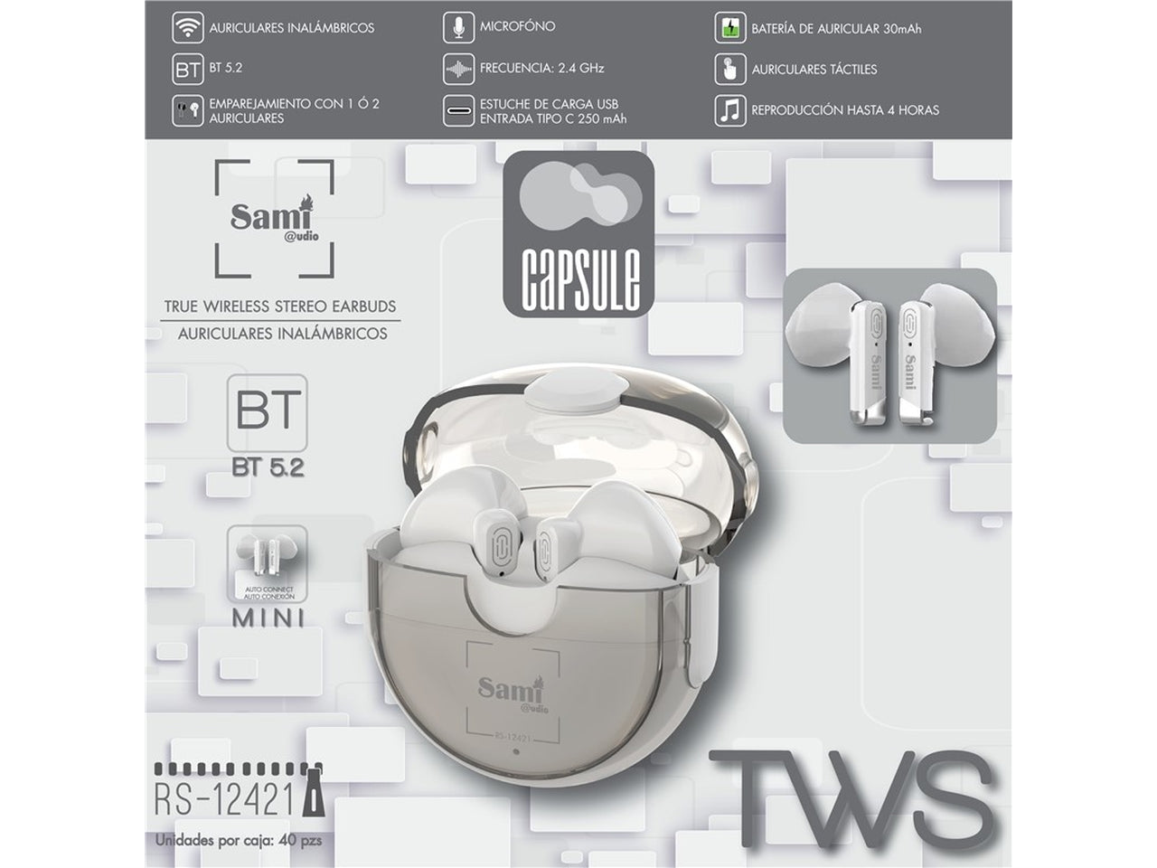 Auricolari sami capsule wireless stereo con caricatore 250mah $