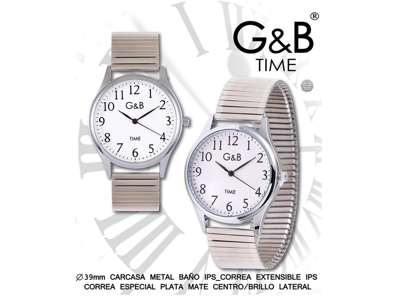 Orologio gb da uomo d.39mm con cinturino estensibile in metallo colore metallo opaco