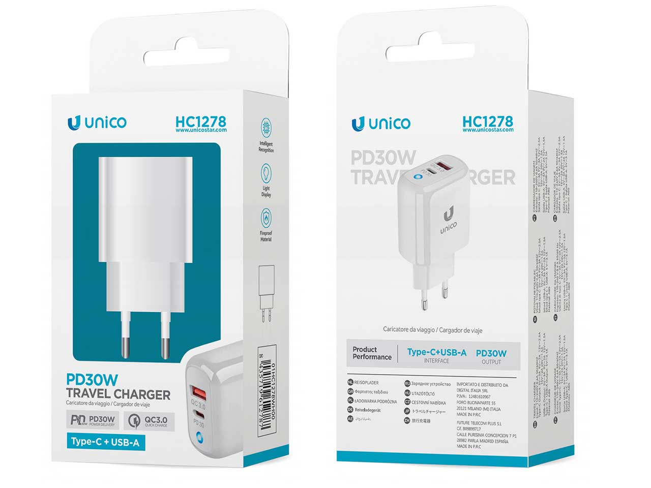Caricabatterie con display, doppia uscita usb-a e type-c, bianco, plastica, 110-240v