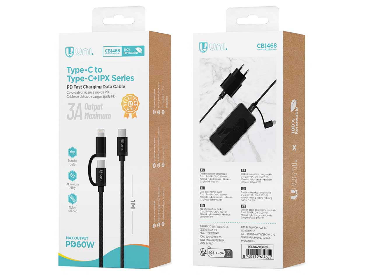 Cavo di ricarica rapida type-c e lightning, 1m, intrecciato in filo e lega di alluminio, output 20v/3a, nero