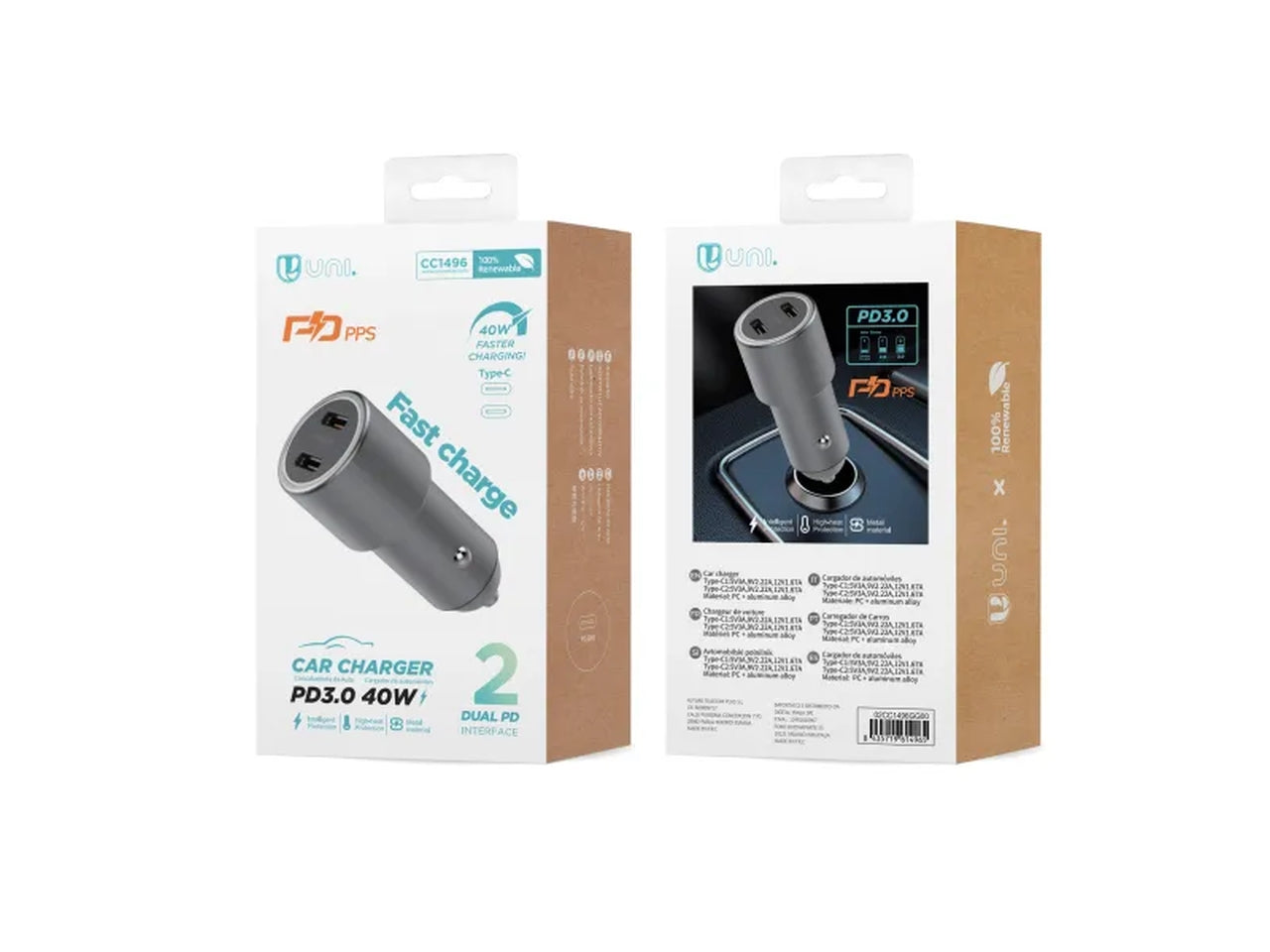 Caricabatteria per auto grigio 2 USB, potenza 20W, CC1496 - Unico