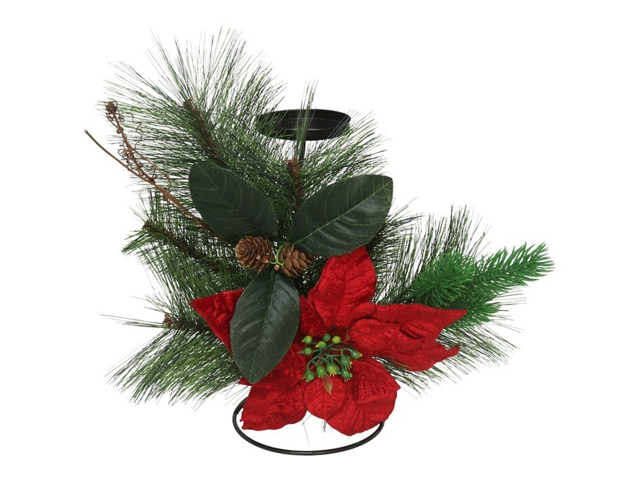 Portacandele in metallo naturale con fiore rosso 25 cm