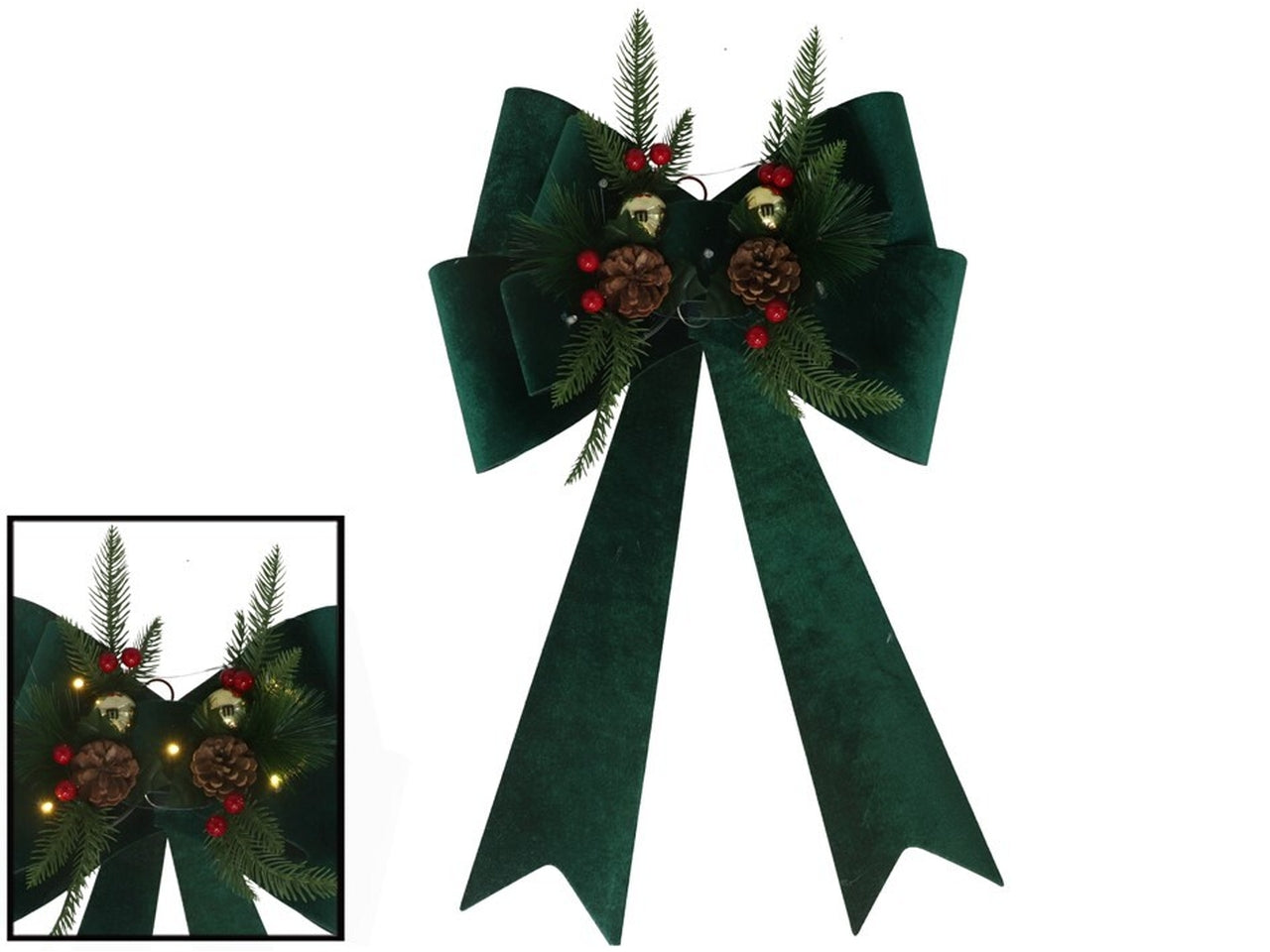 Fiocco natalizio decorativo con 5led 41x66cm verde