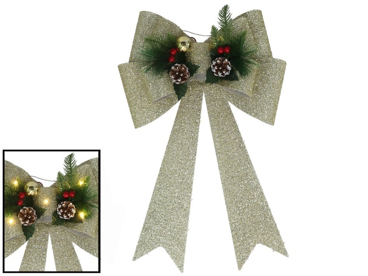 Fiocco natalizio decorativo con 5led e pigne 41x66cm dorato