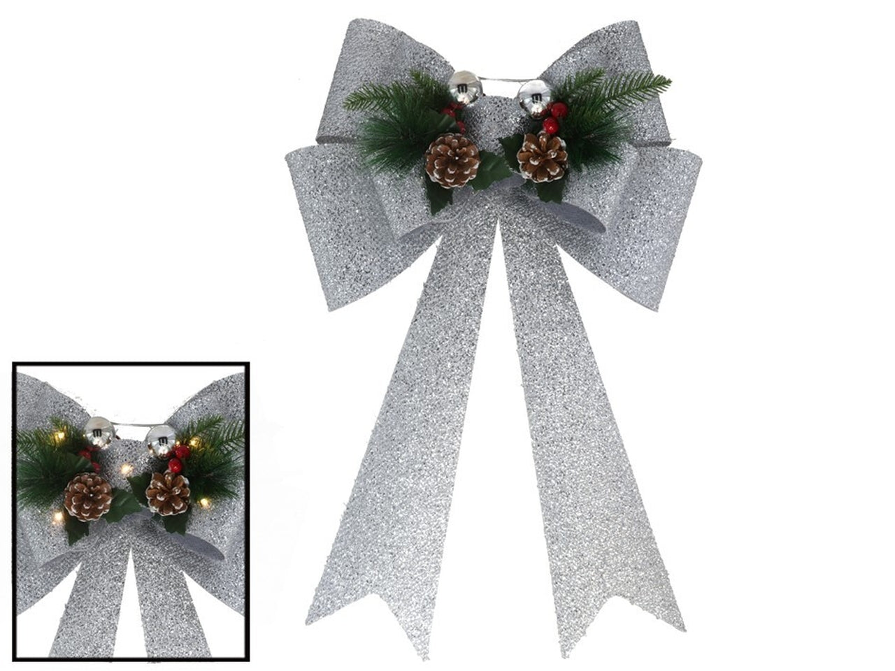 Fiocco natalizio decorativo con 5led e pigne 41x66cm argento
