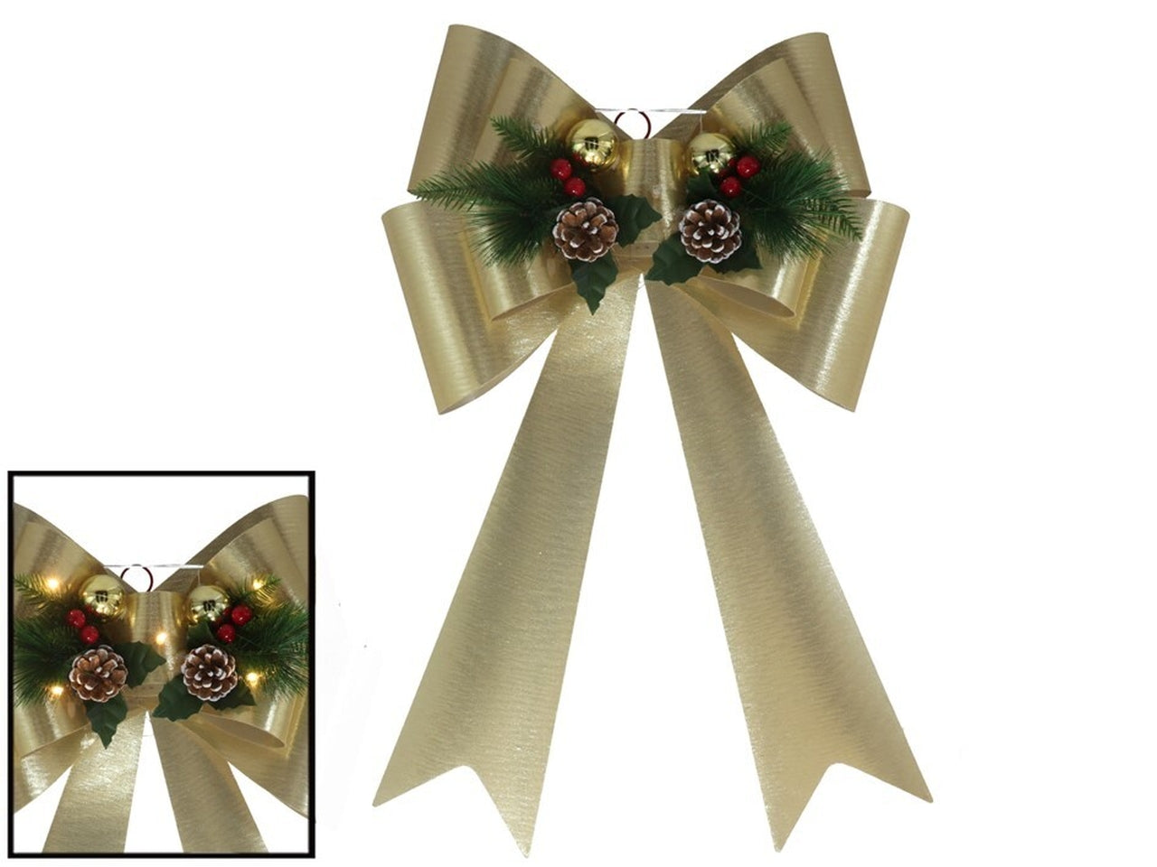 Fiocco natalizio  decorativo con 5led e pigne 41x66cm