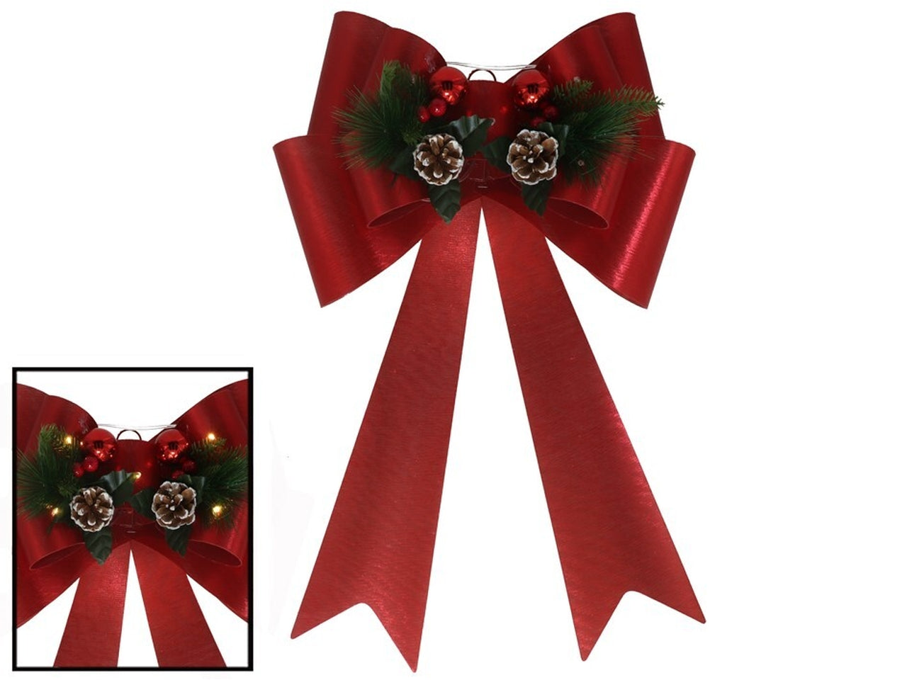 Fiocco natalizio decorativo con 5led 41x66cm con pigne rosse glitterate