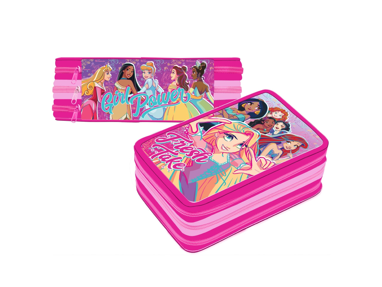 Astuccio scuola Principesse tre scomparti per bambina fucsia in tessuto sintetico 19,5x12,5x6 cm - Dimagraf