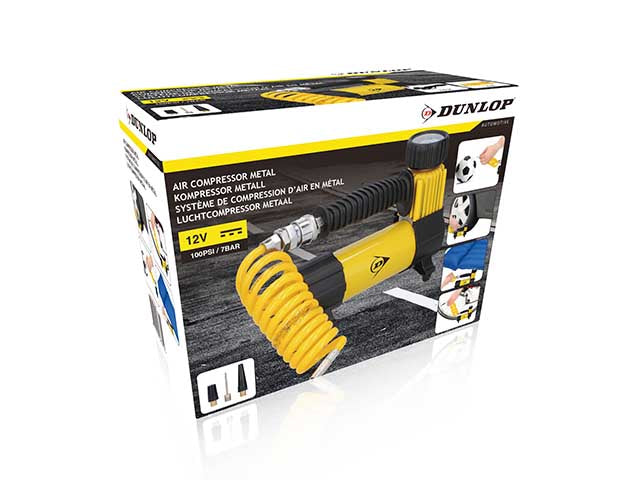 Compressore in metallo 12v potenza 100psi 7bar dimensioni misura 17x14x5cm marca dunlop