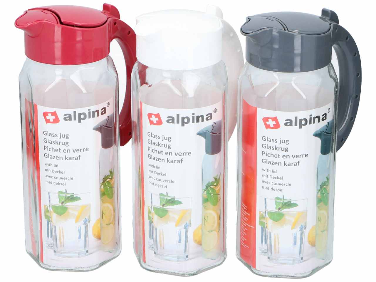 Alpina brocca in vetro e polipropilene 1,5l 27,5x9,5x14cm 3 assortimenti
