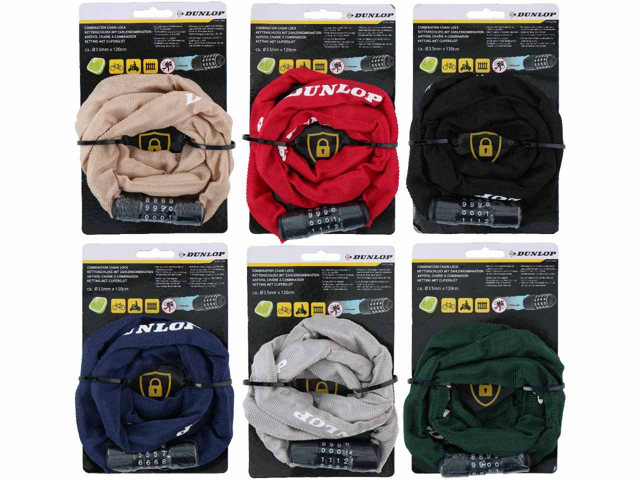 Dunlop lucchetto per bicicletta con combinazione 58cm 6 colori assortiti