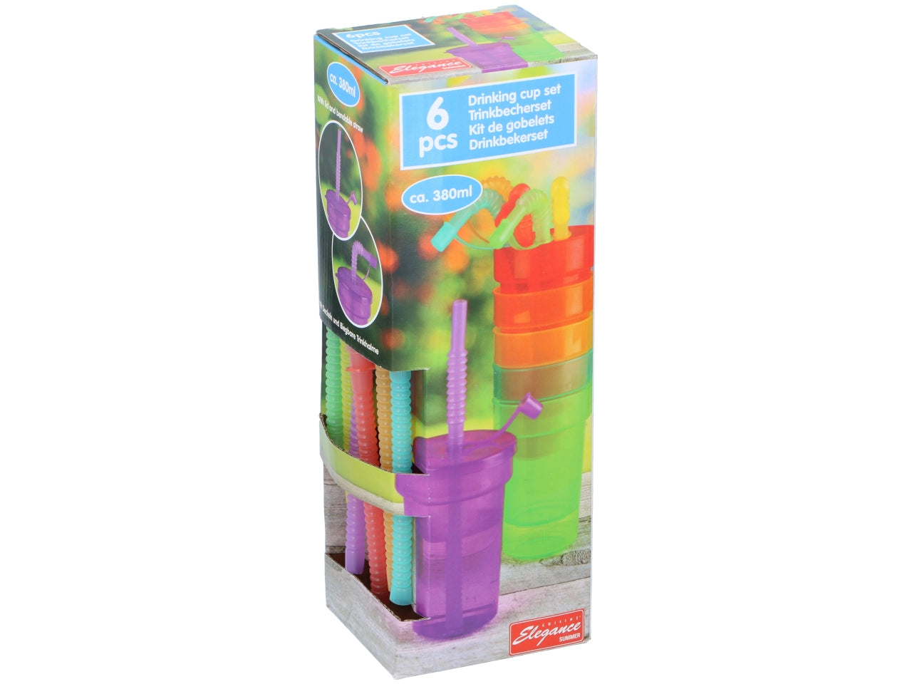 Set di 6 bicchieri colorati con cannuccia in polipropilene 390ml 8x12,3cm