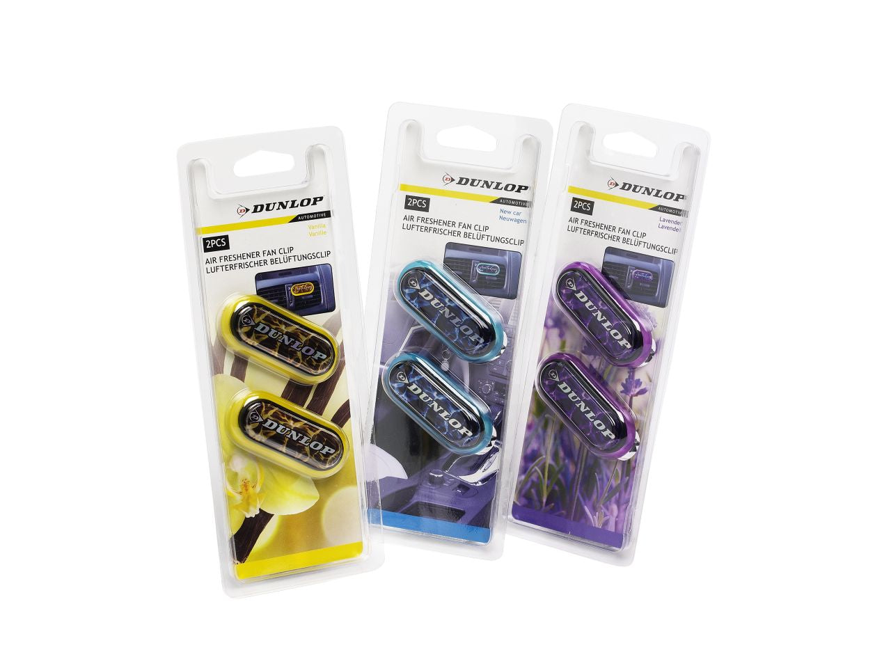 Deodoranti per auto 18 pezzi x 2 pezzi 3 assortimenti vaniglia nuovo e lavanda misura 5x2x1cm marca dunlop vehicle