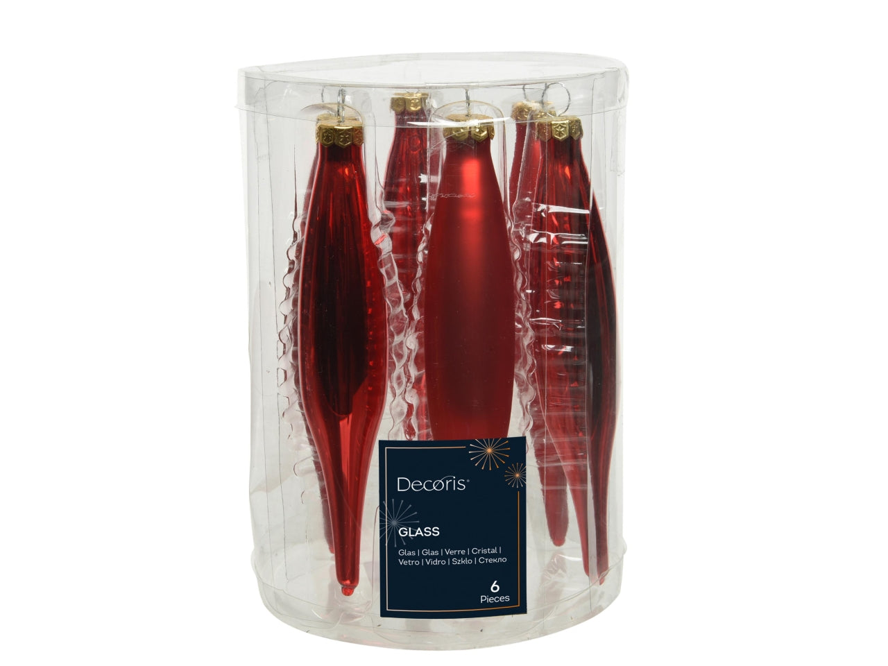 Pendente di vetro rosso opaco e lucido a forma di ghiacciolo d.3xh.15 cm, set da 6 pezzi - Decoris