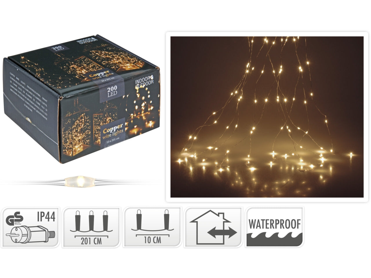 Cascata filo metallo argento 200 microled (10 fili x 10 led) bianco caldo, lunghezza 2mt, cavo guida 5mt, per uso interno/esterno