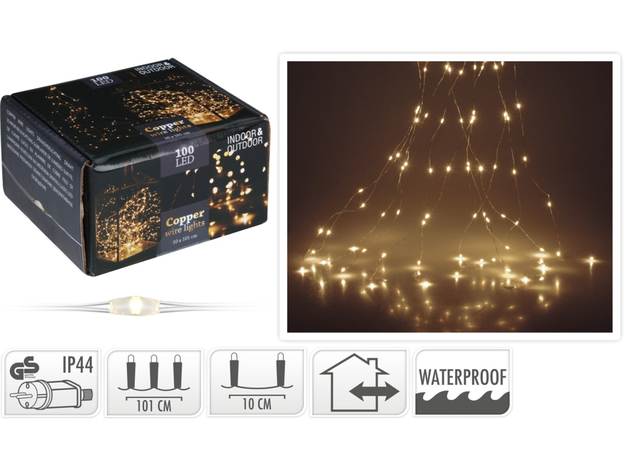 Cascata filo metallo argento 100 microled (10 fili x 10 led) bianco caldo, lunghezza 1mt, cavo guida 5mt, per uso interno/esterno