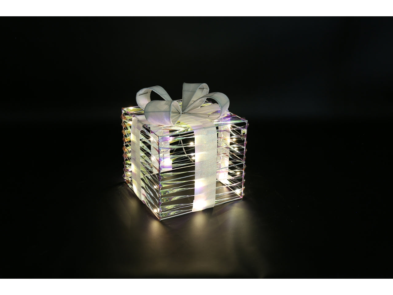 Pacco regalo natalizio 15x15x17cm con led bling trasparente glitterato argento