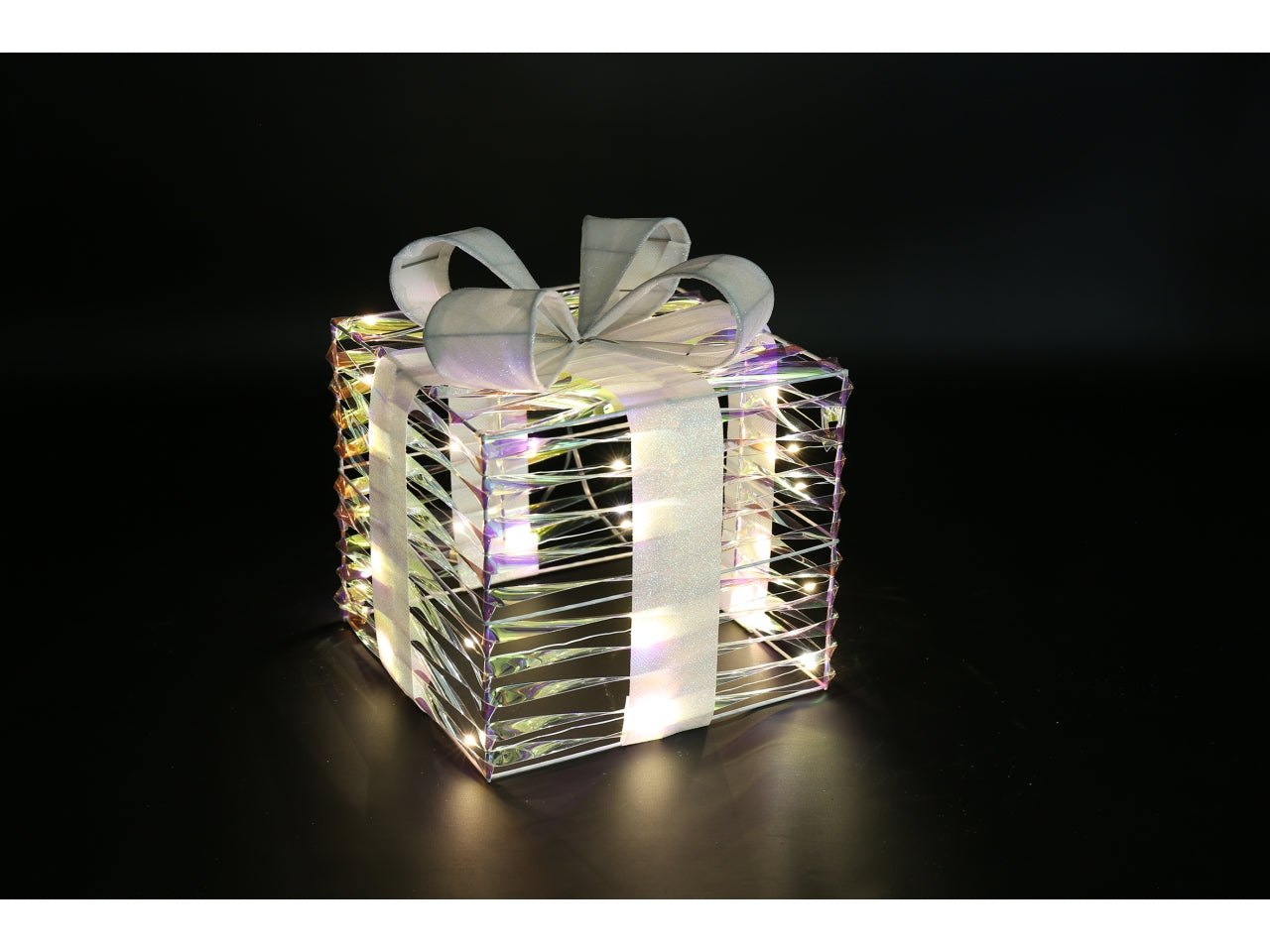 Pacco regalo natalizio 20x20x23cm con led bling trasparente glitterato argento