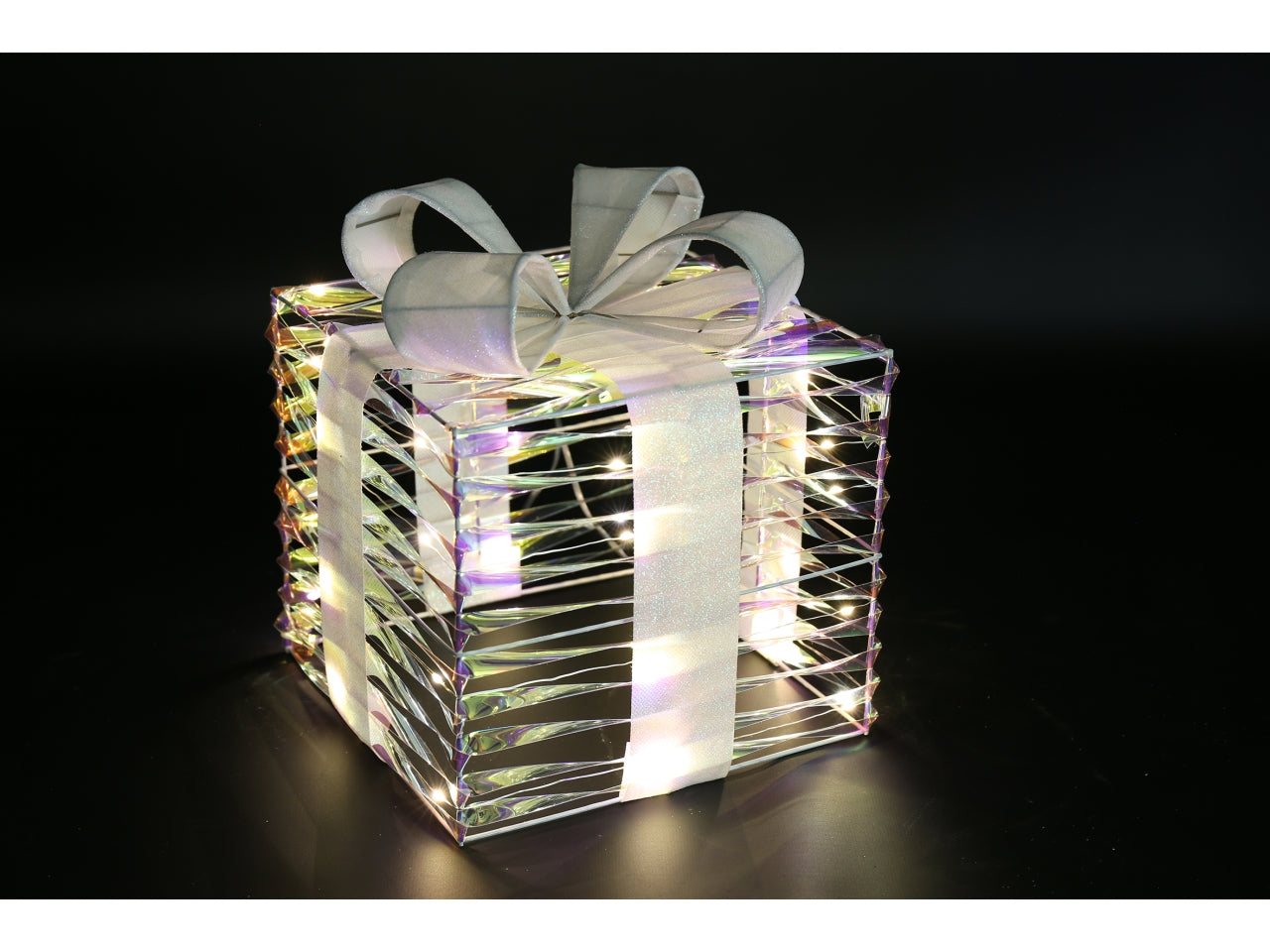 Pacco regalo natalizio 25x25x30cm con led bling trasparente glitterato argento