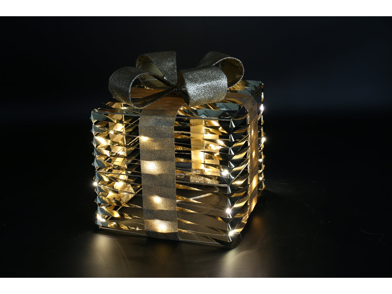 Pacco regalo natalizio 20x20x23cm con led bling oro lucido glitterato
