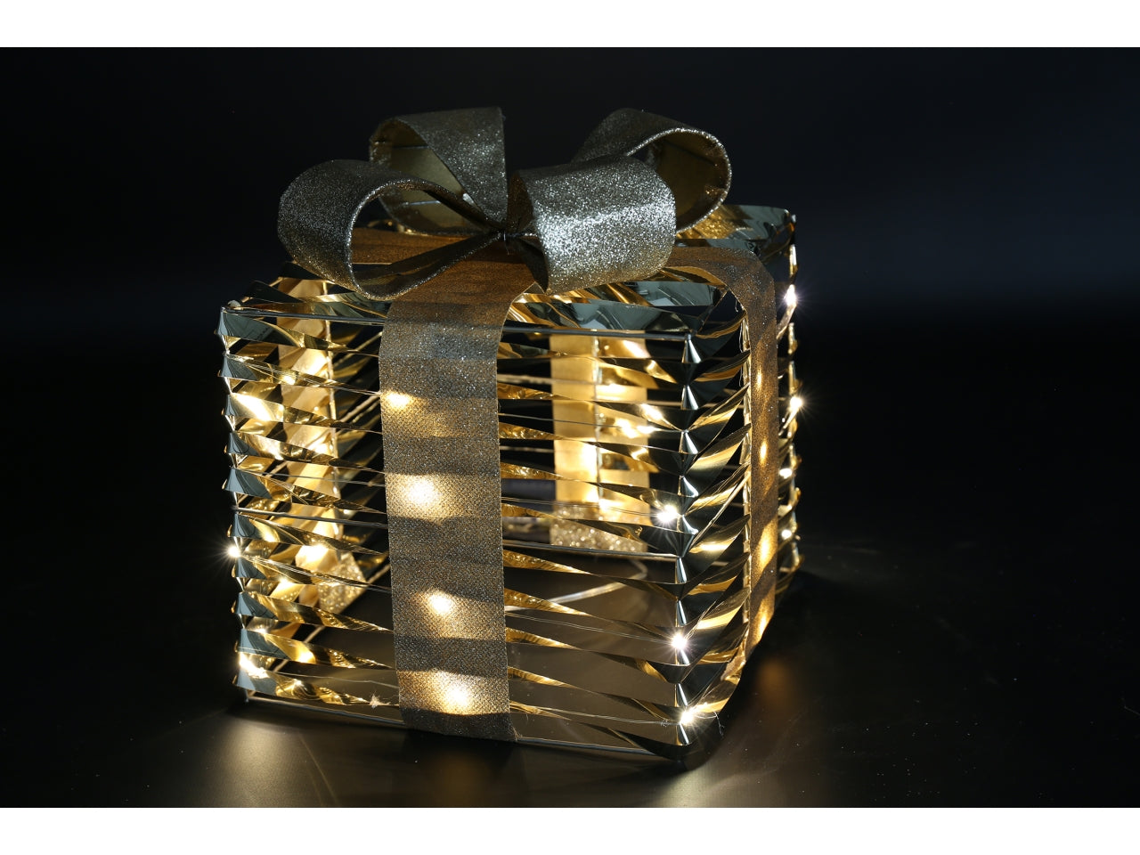 Pacco regalo natalizio 25x25x30cm con led bling oro lucido glitterato