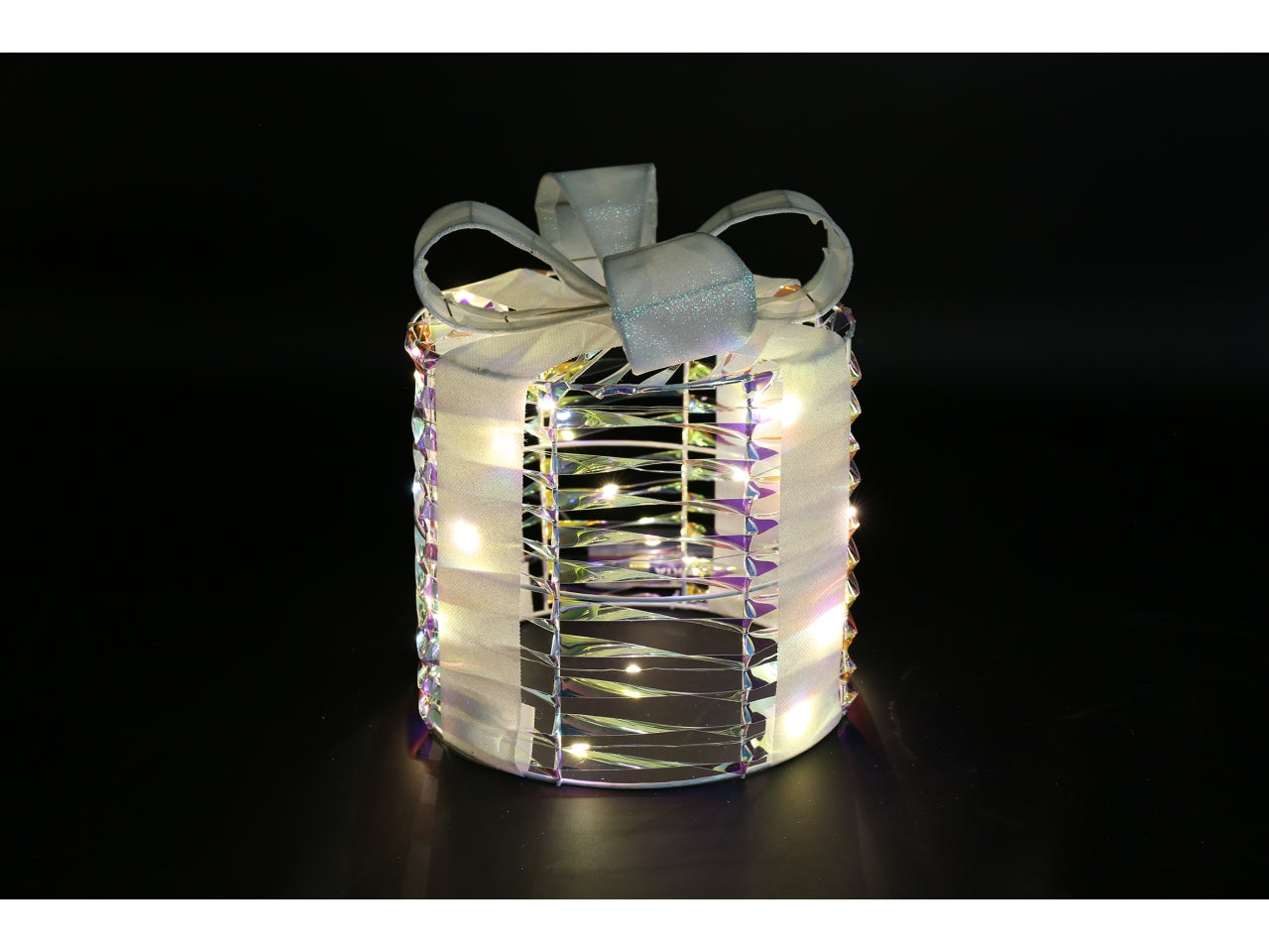 Pacco regalo natalizio 20x20x23cm con led bling trasparente glitterato argento