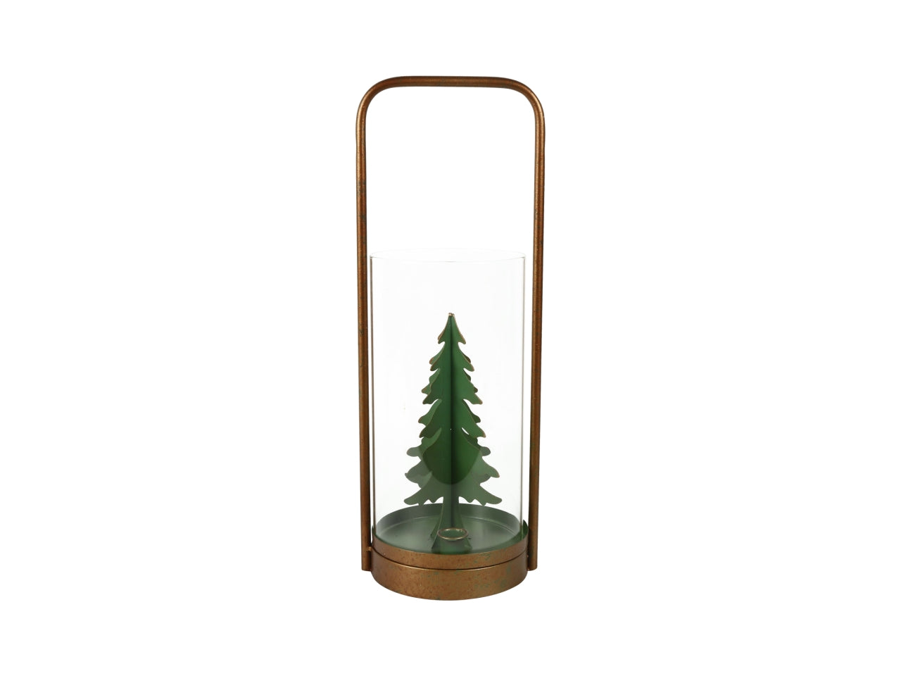 Lanterna in metallo cilindrica ramato e verde con albero di natale 17,5x15,5x48 cm - Countryfield