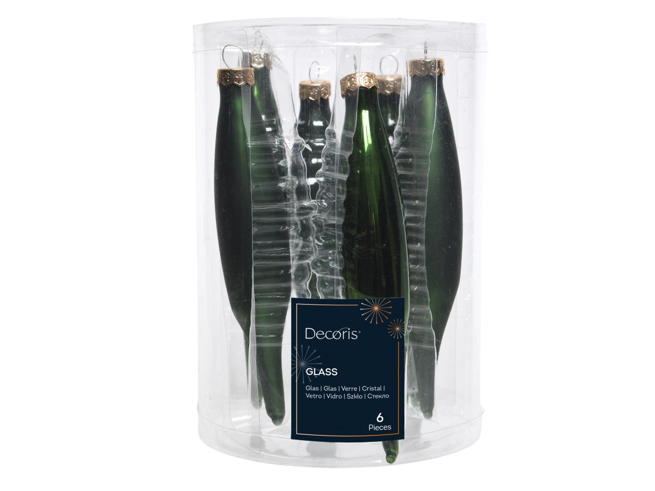 Pendente di vetro verde scuro opaco e lucido a forma di ghiacciolo d.3xh.15 cm, set da 6 pezzi - Decoris