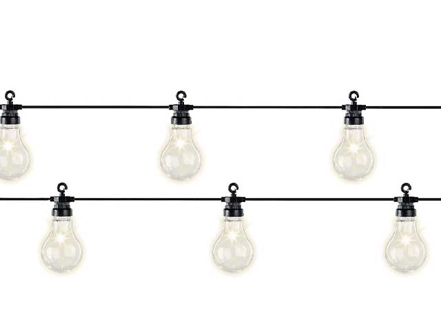 Catena lineare per feste 20 lampadine led luce fissa bianco caldo per esterno, cavo nero lungo 500cm.
