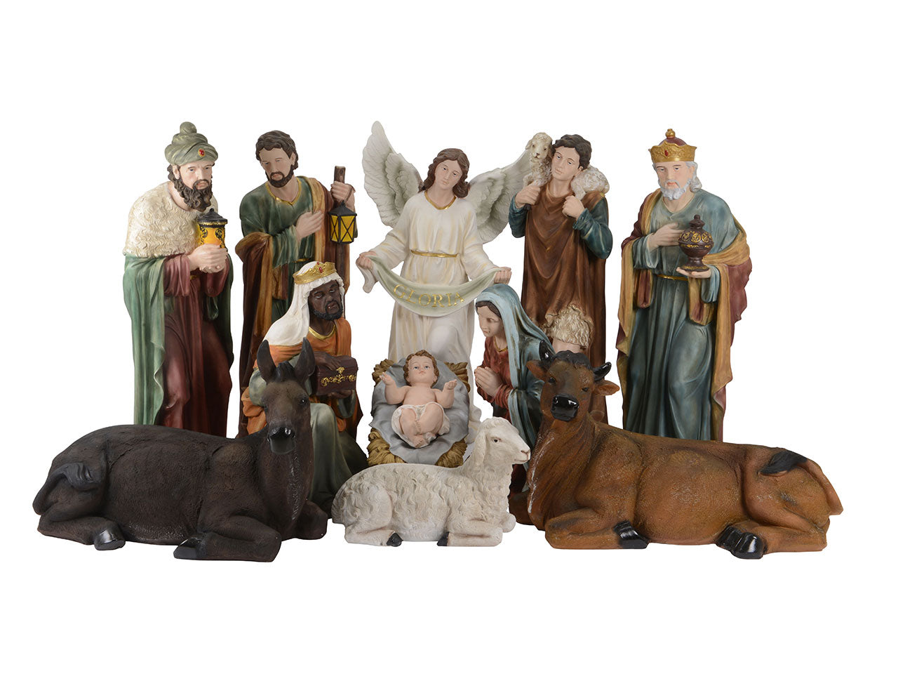 Nativita' in polimagnesio comprensiva di gesu' bambino, san giuseppe, maria, angelo, re magi, bue, asinello e angello colore multicolore misura lun.46cm x lar.35cm x alt.105cm